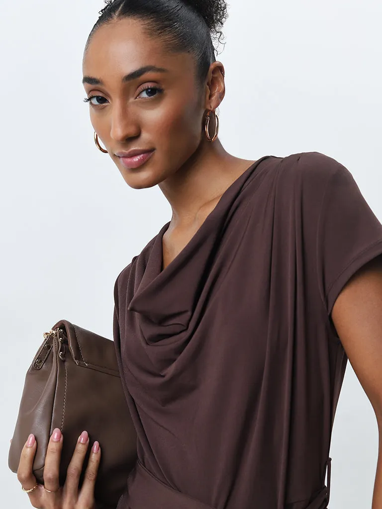 Wardrobe Dark Brown Cowl Neck Jumpsuit with Belt