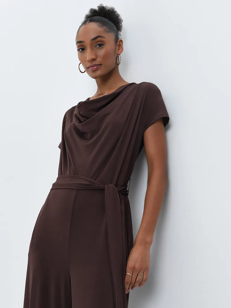 Wardrobe Dark Brown Cowl Neck Jumpsuit with Belt