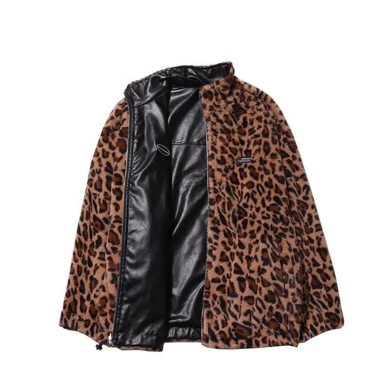 Wenkouban Winter outfits  Cyber Monday 2024 chill guy Leopard Print Plush Coat for Both Sides Fashionable Ins Winter Men and Women Cotton-Padded Coat