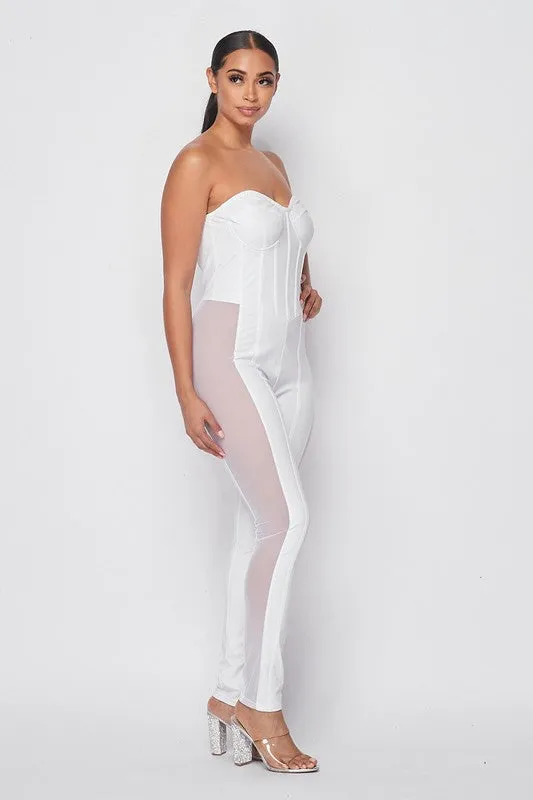 White PU Off Shoulder Corset Boned Jumpsuit