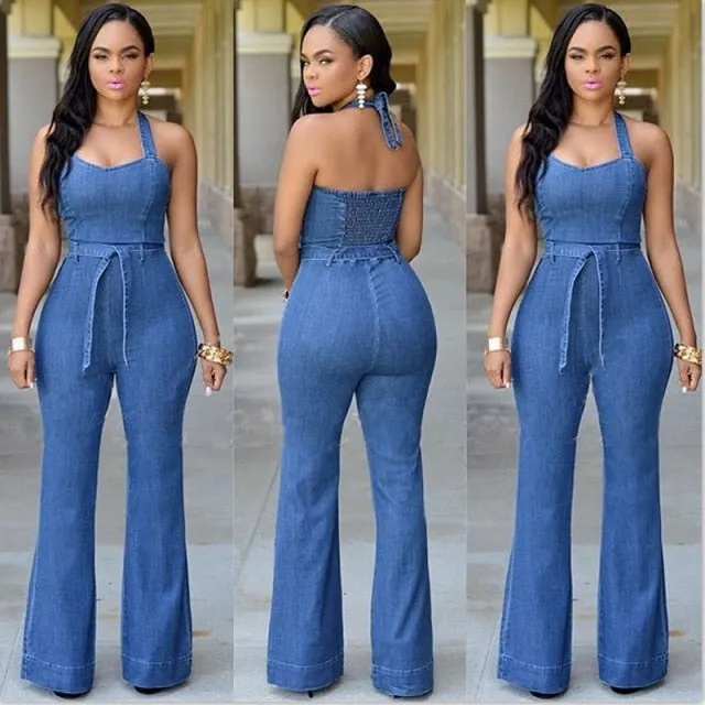 Women Fashion denim Halter Jumpsuit