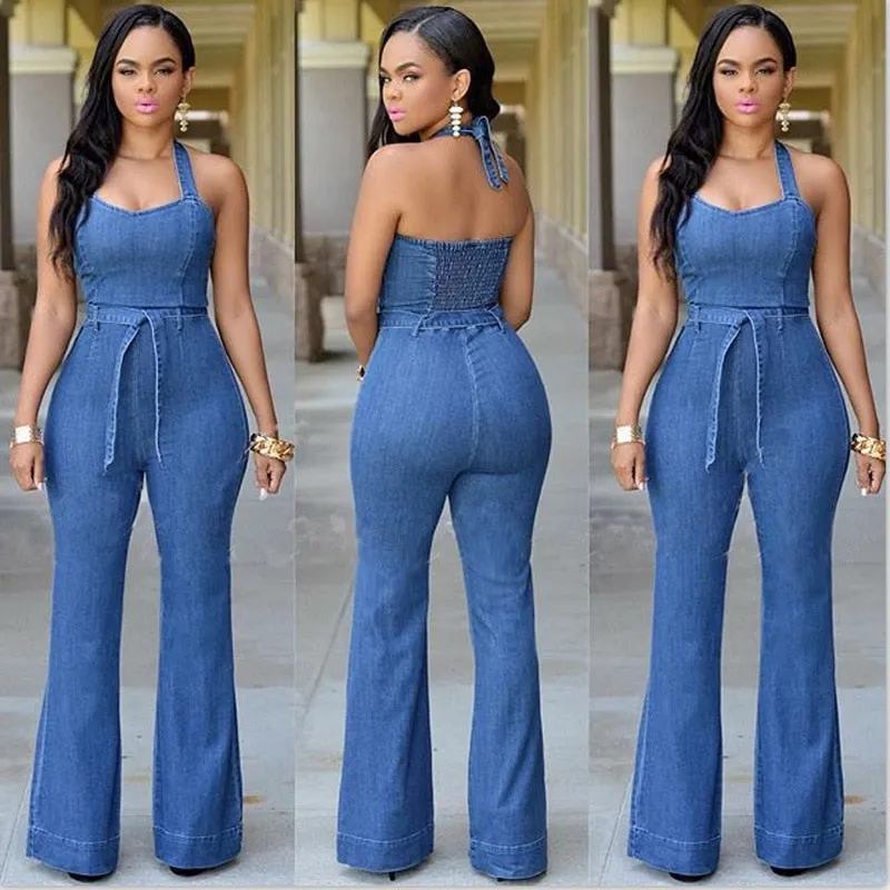 Women Fashion denim Halter Jumpsuit