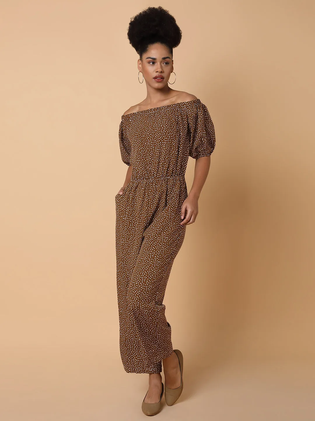 Women Off-Shoulder Printed Brown Basic Jumpsuit