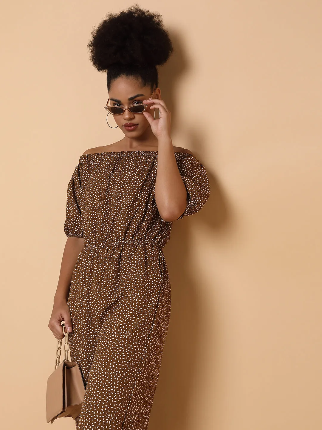 Women Off-Shoulder Printed Brown Basic Jumpsuit