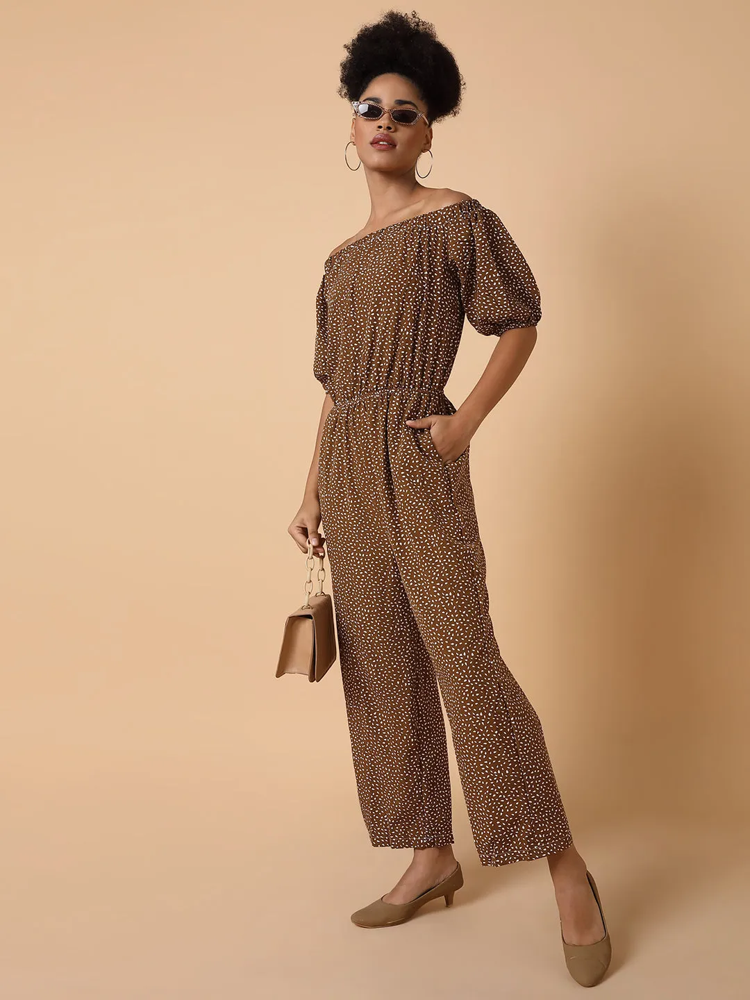 Women Off-Shoulder Printed Brown Basic Jumpsuit