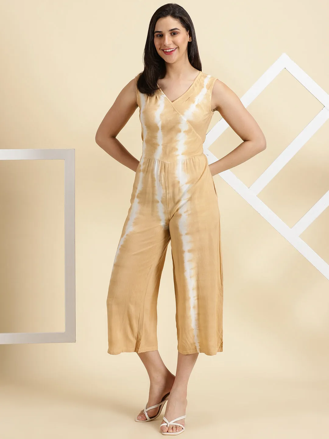 Women's Beige Printed Jumpsuit