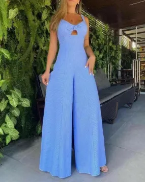 Womens Blue Sleeveless Wide Leg Jumpsuit with Keyhole Cutout