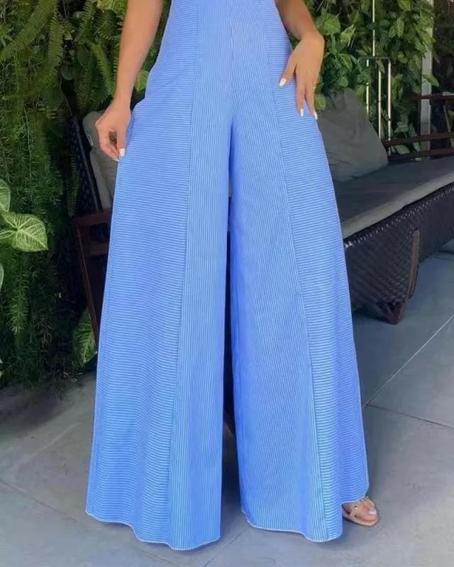 Womens Blue Sleeveless Wide Leg Jumpsuit with Keyhole Cutout