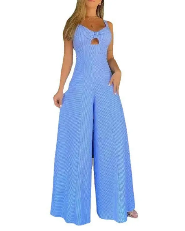 Womens Blue Sleeveless Wide Leg Jumpsuit with Keyhole Cutout