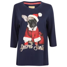 Womens Christmas T-Shirt Top 3/4 Sleeve Secret Santa Puppy