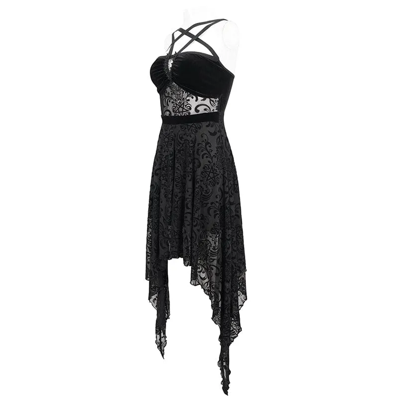 Women's Gothic Irregular Mesh Splice Velvet Slip Wedding Dress