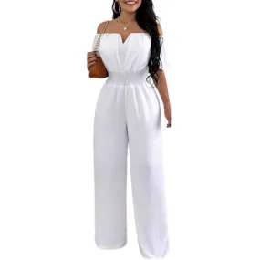 Women's Off-neck Waist Trimming Loose Straight Jumpsuit