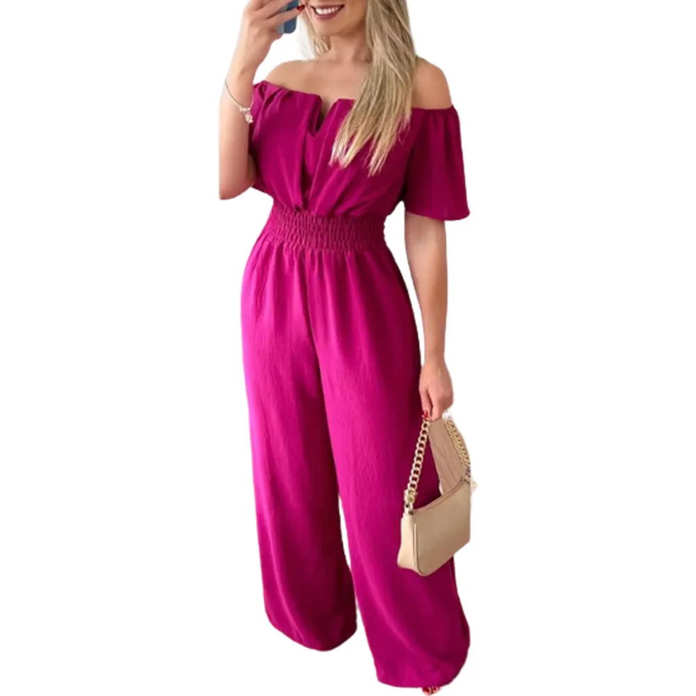 Women's Off-neck Waist Trimming Loose Straight Jumpsuit