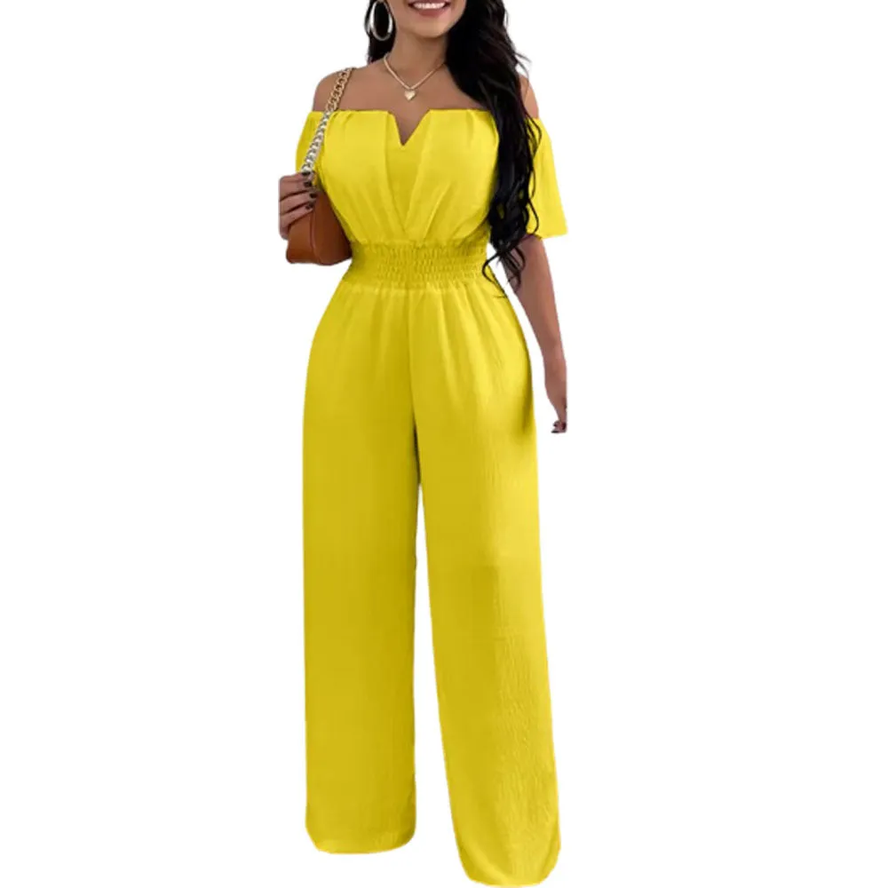 Women's Off-neck Waist Trimming Loose Straight Jumpsuit