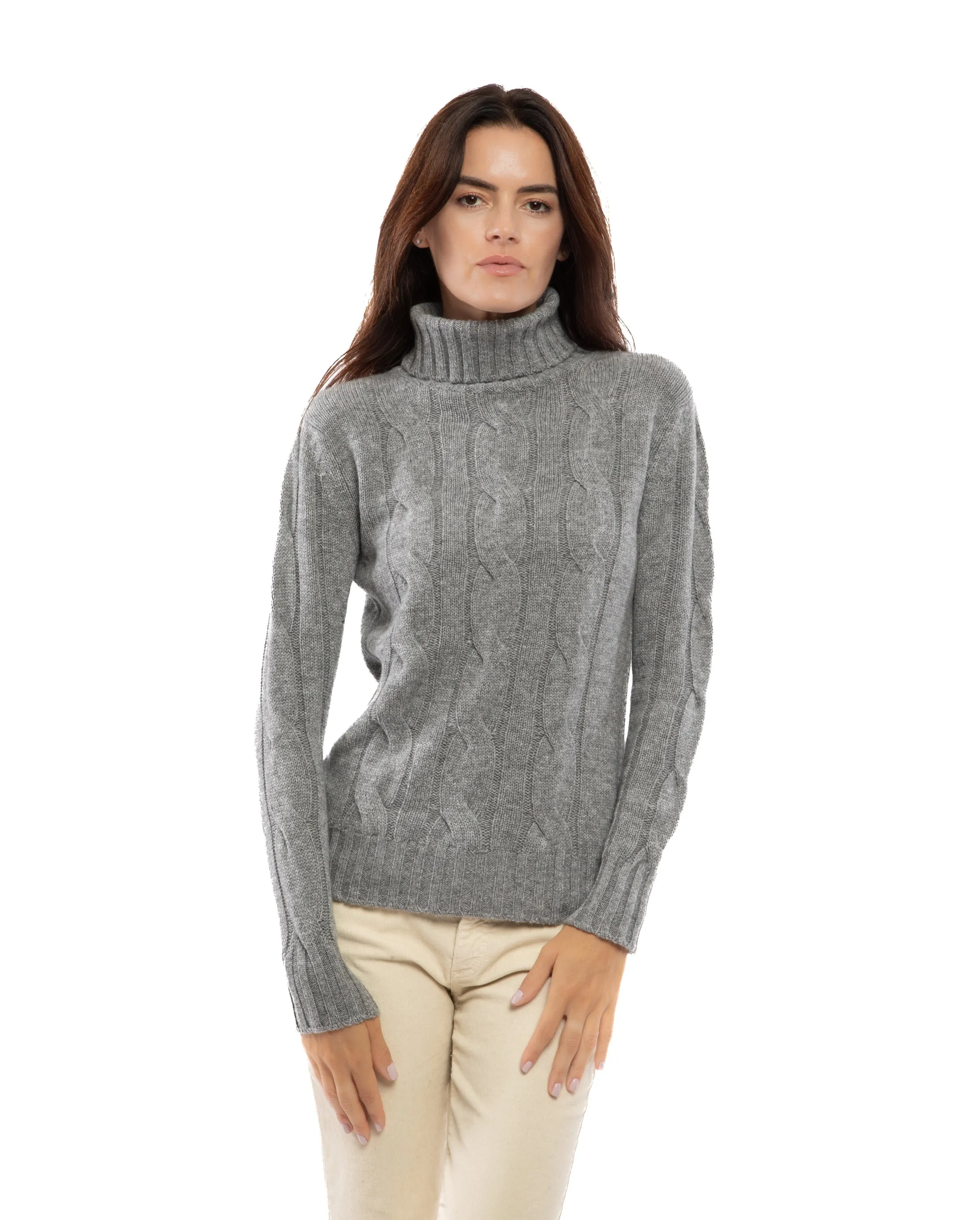 Women's Pure Cashmere Cable Knit Turtleneck Sweater Off White