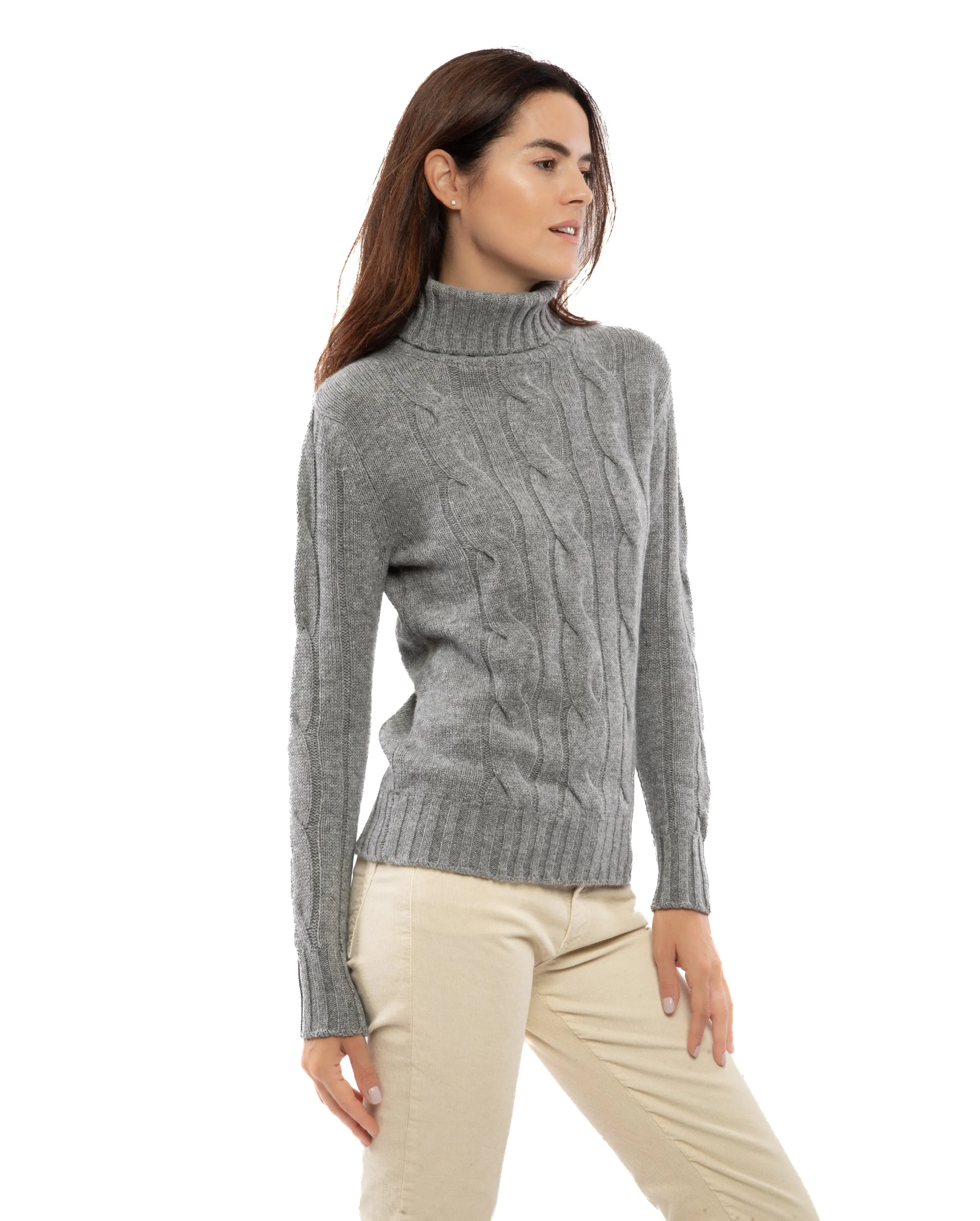 Women's Pure Cashmere Cable Knit Turtleneck Sweater Off White