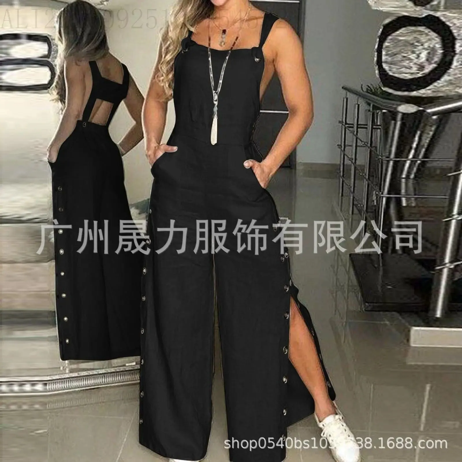 Women's Solid Color Suspenders Sleeveless Wide Leg Straight Pants Jumpsuit