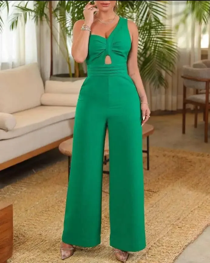 Women's Solid Color Suspenders Sleeveless Wide Leg Straight Pants Jumpsuit