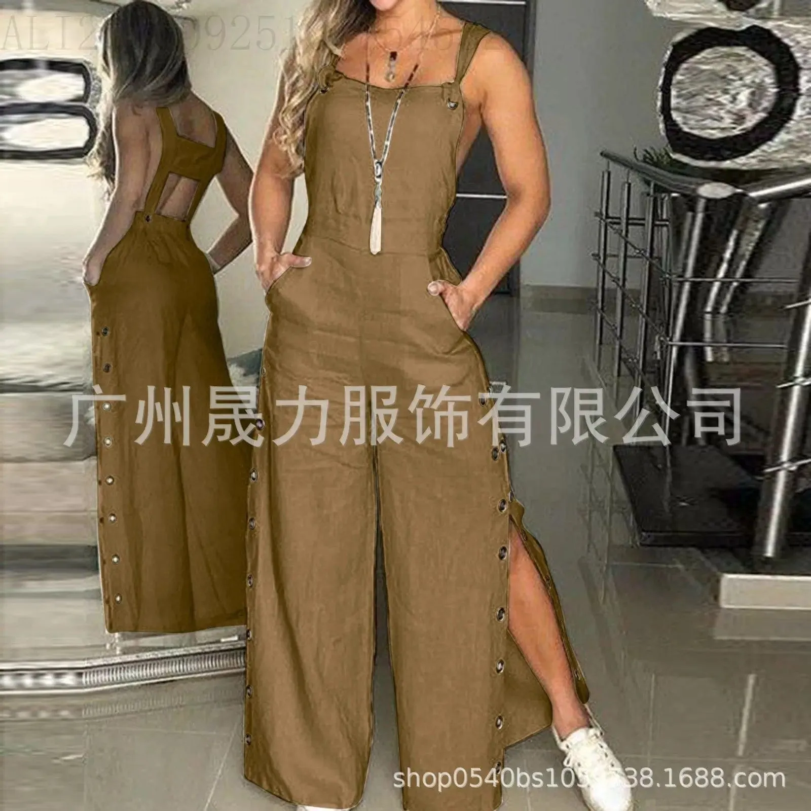 Women's Solid Color Suspenders Sleeveless Wide Leg Straight Pants Jumpsuit