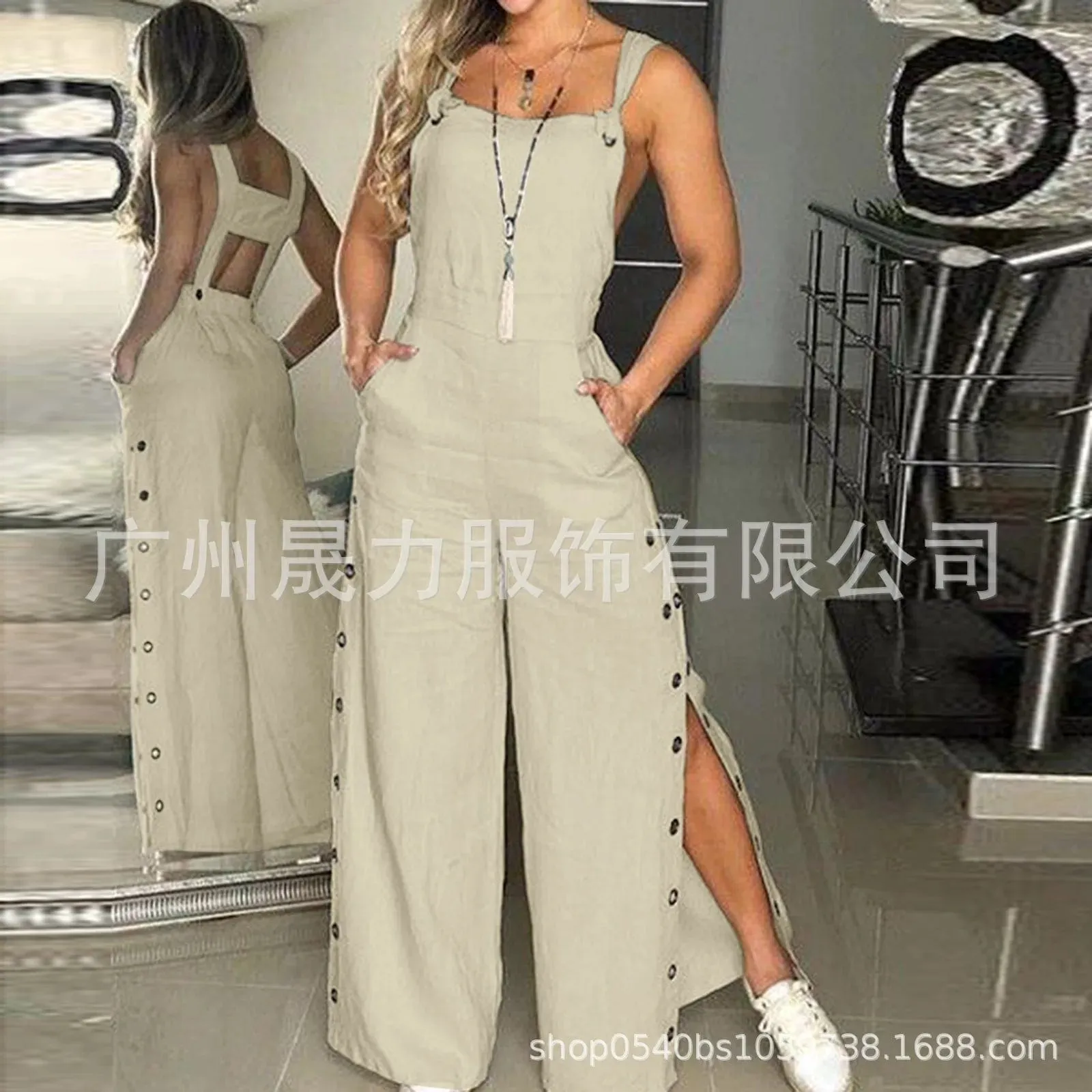 Women's Solid Color Suspenders Sleeveless Wide Leg Straight Pants Jumpsuit