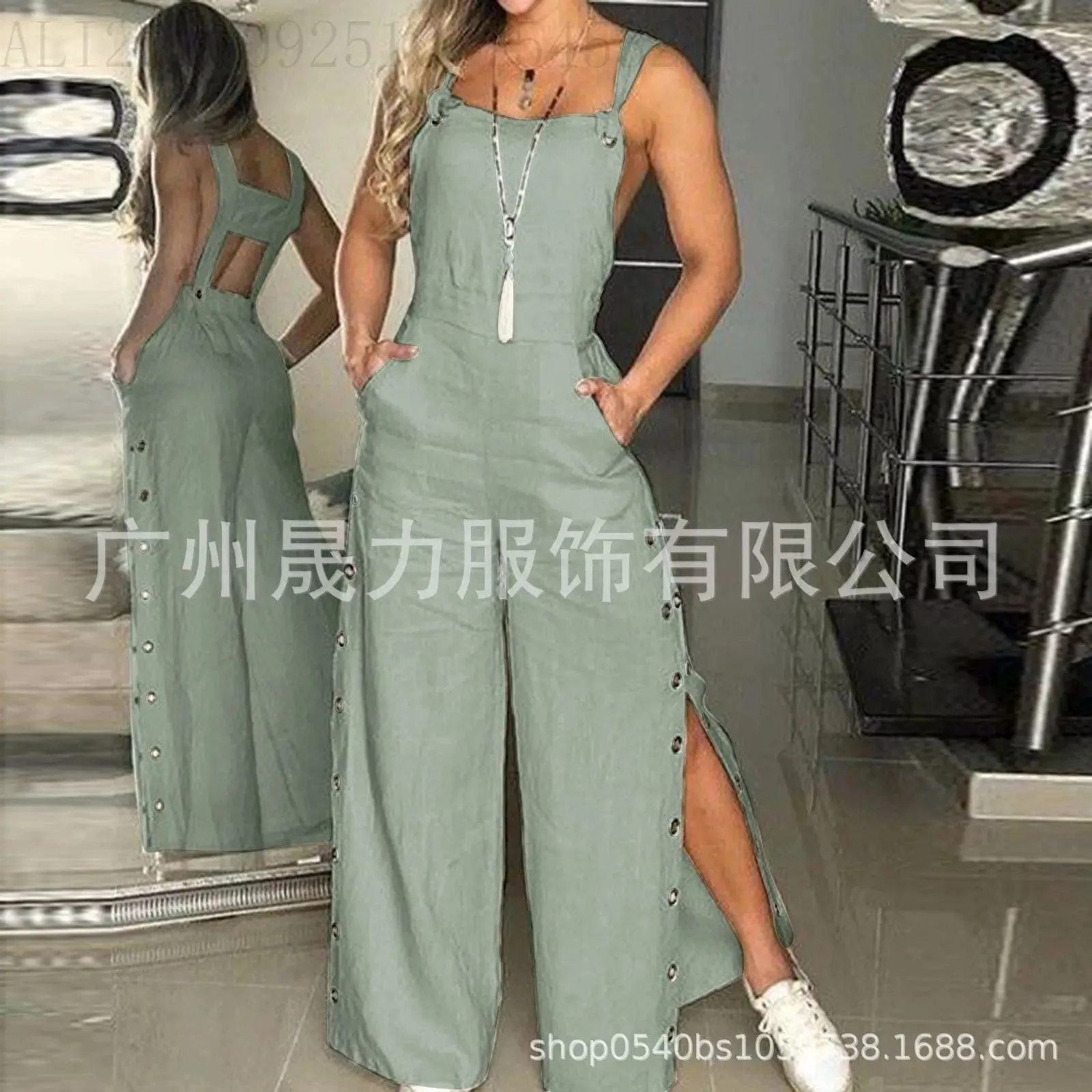 Women's Solid Color Suspenders Sleeveless Wide Leg Straight Pants Jumpsuit