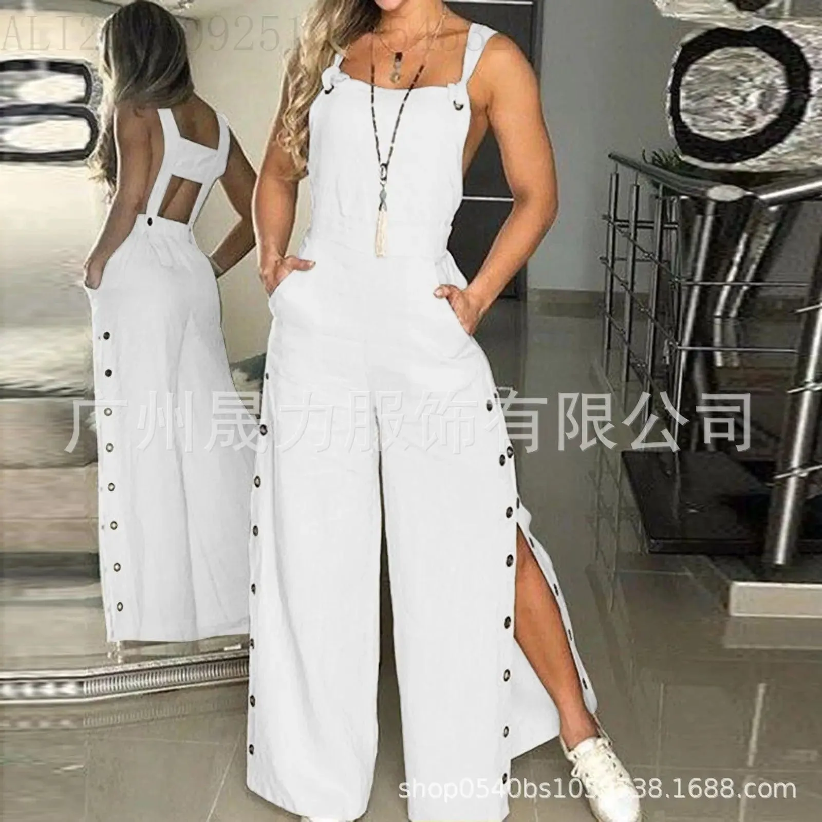 Women's Solid Color Suspenders Sleeveless Wide Leg Straight Pants Jumpsuit