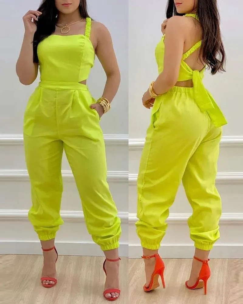 Women's Solid Color Suspenders Sleeveless Wide Leg Straight Pants Jumpsuit