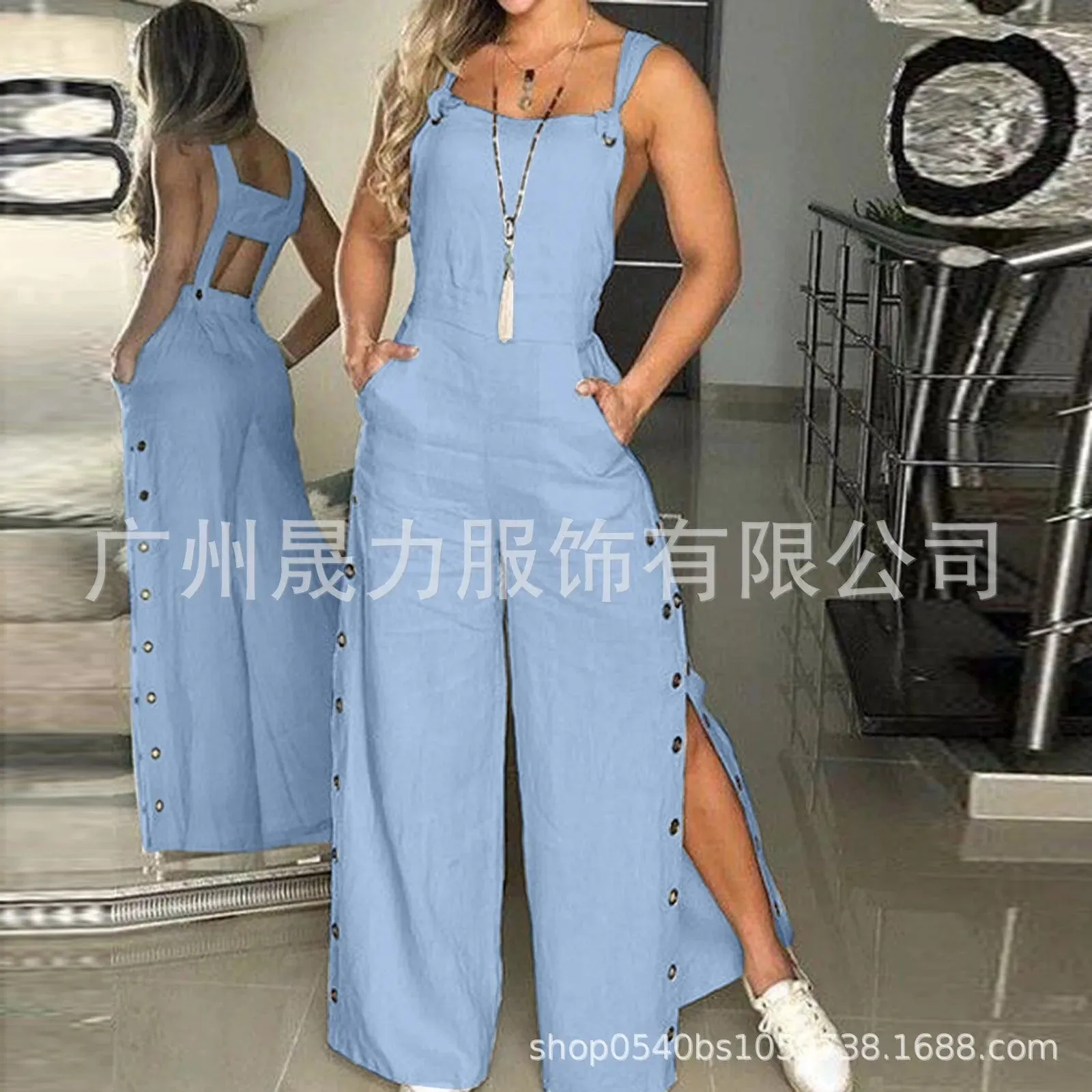 Women's Solid Color Suspenders Sleeveless Wide Leg Straight Pants Jumpsuit