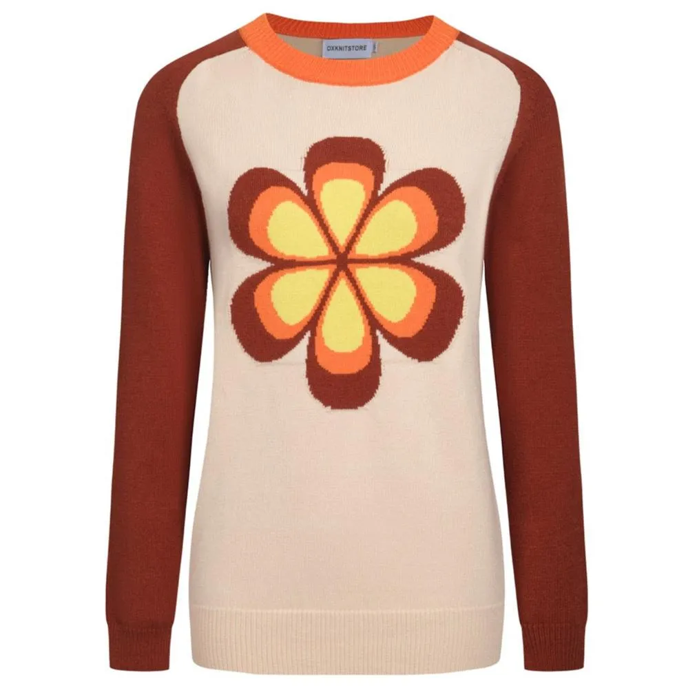 Women's vintage brown floral knitted long-sleeved T-shirt