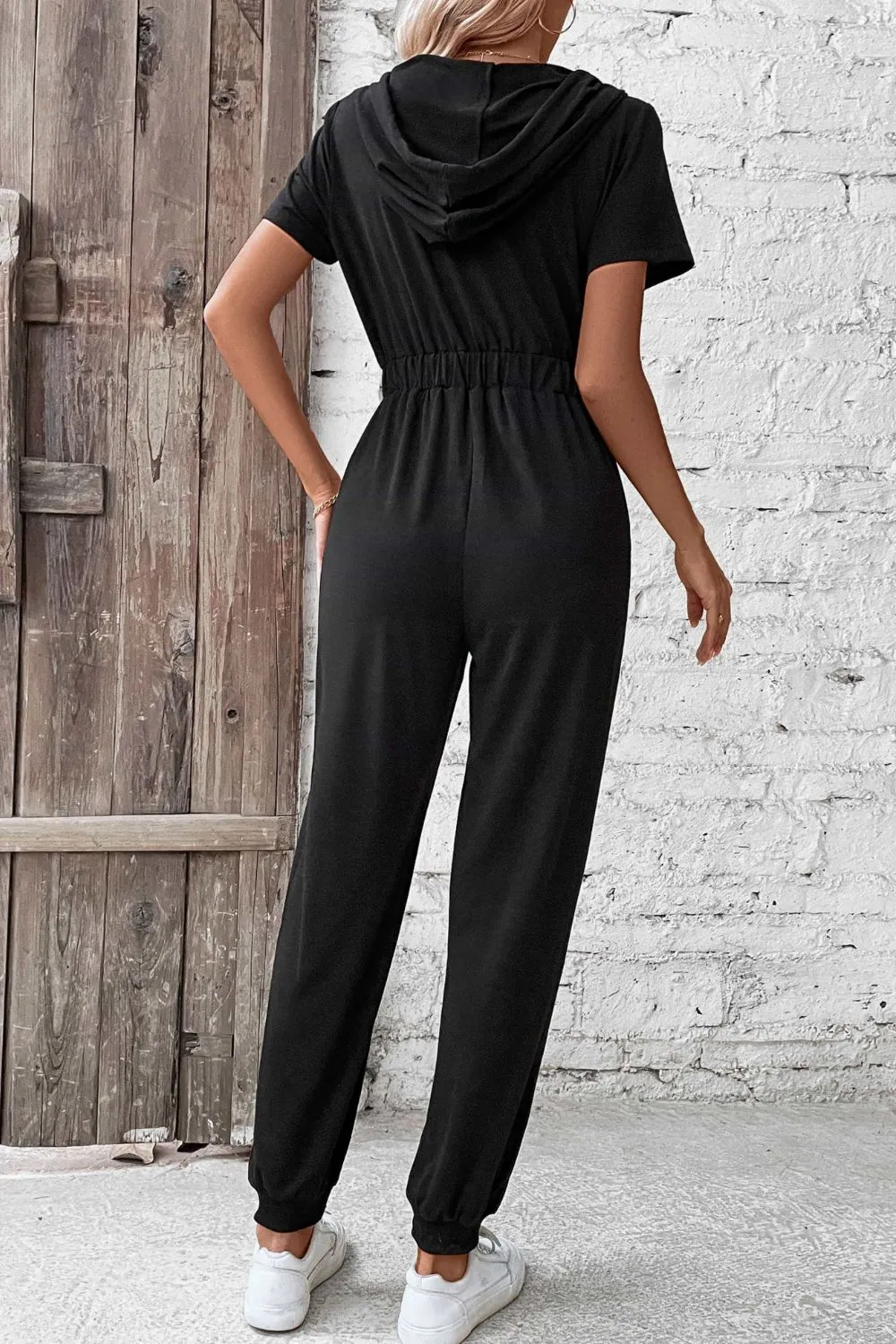 Zip-Up Short Sleeve Hooded Jumpsuit with Pockets